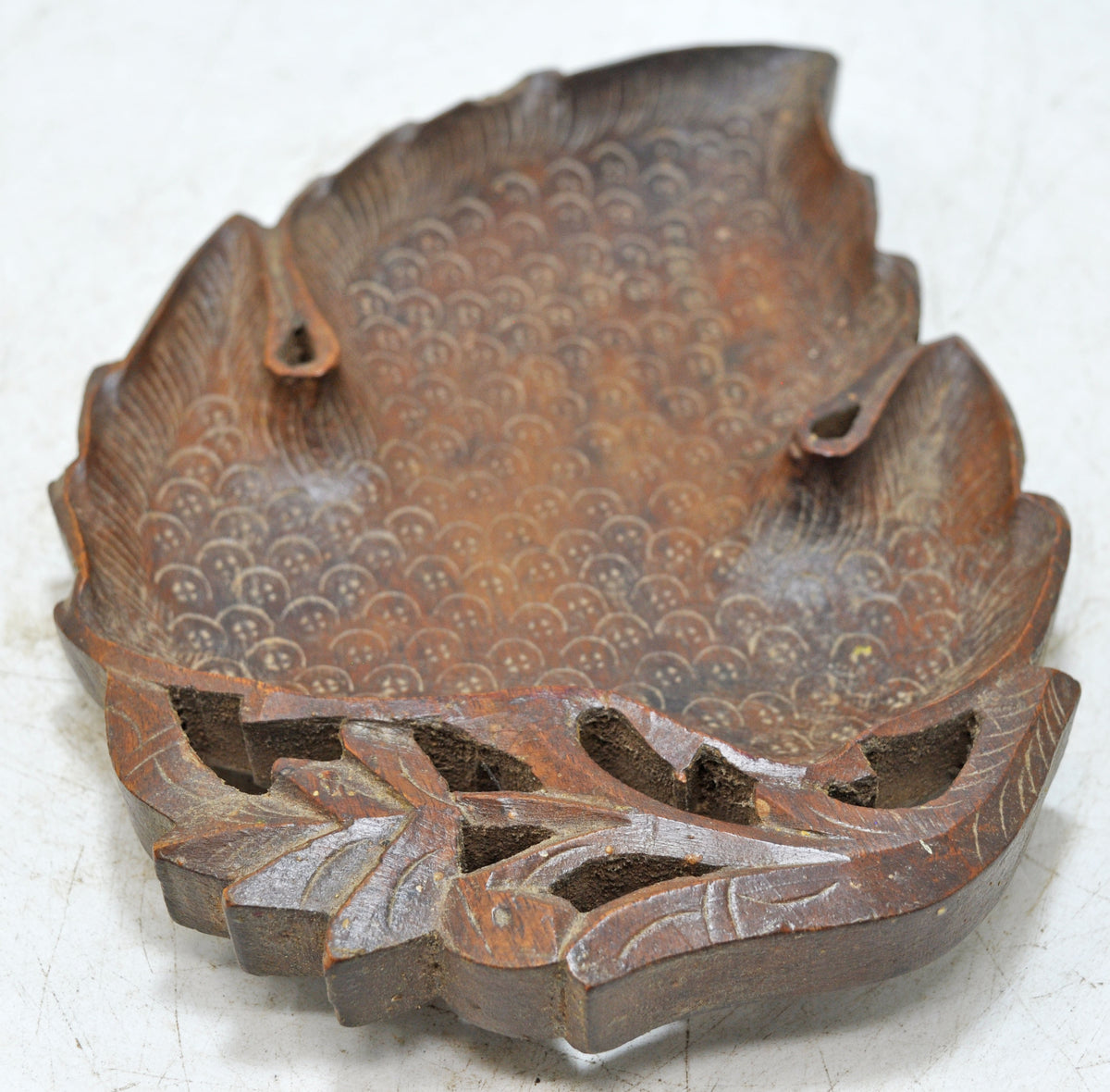 Vintage Wooden Leaf Shaped Small Tray Plate Original Old Hand Carved