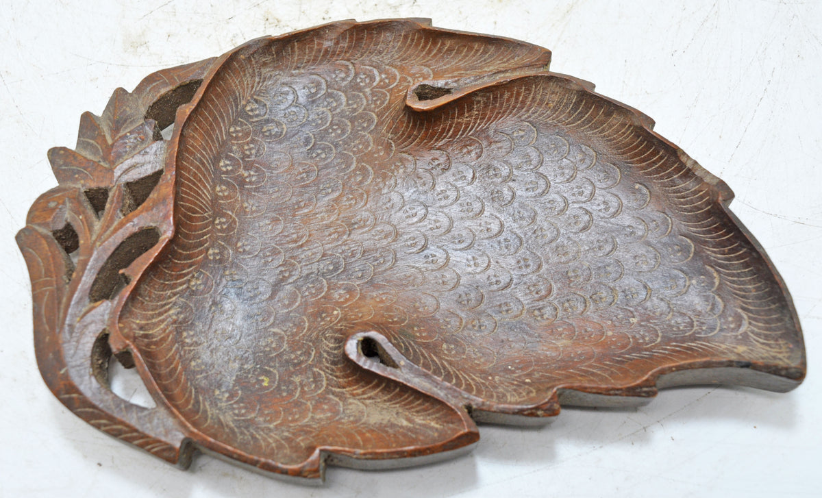 Vintage Wooden Leaf Shaped Small Tray Plate Original Old Hand Carved