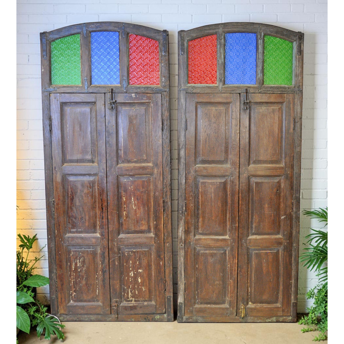 Original Antique Wall Décor Wooden Window Panel Frames Pair Stained Glass Rustic Painted 2.5x6 FT