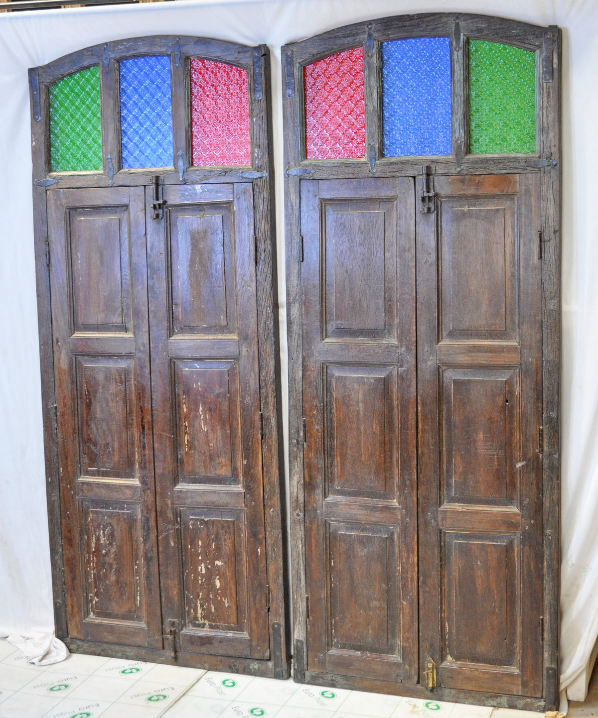 Original Antique Wall Décor Wooden Window Panel Frames Pair Stained Glass Rustic Painted 2.5x6 FT