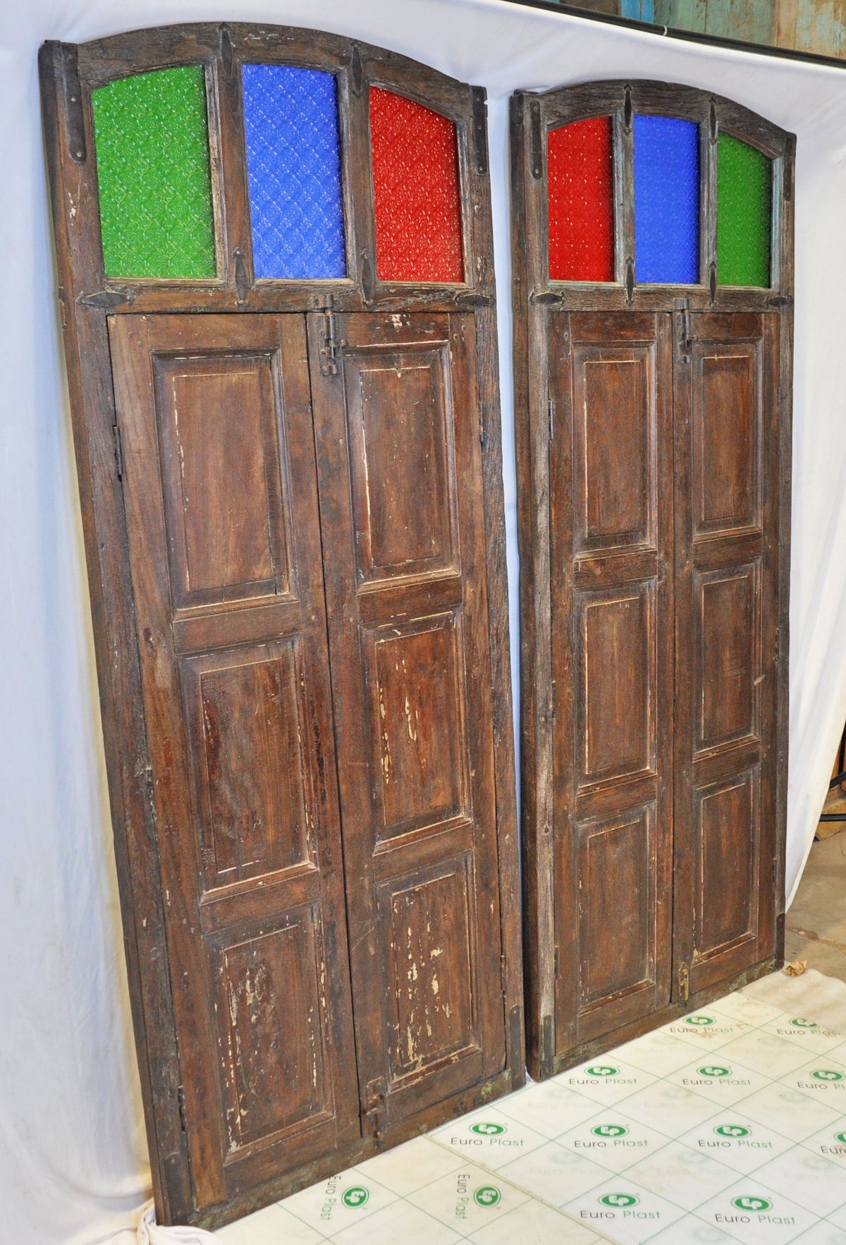 Original Antique Wall Décor Wooden Window Panel Frames Pair Stained Glass Rustic Painted 2.5x6 FT