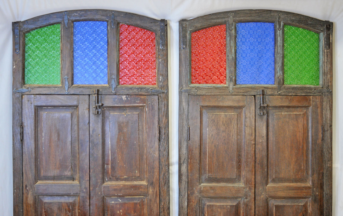 Original Antique Wall Décor Wooden Window Panel Frames Pair Stained Glass Rustic Painted 2.5x6 FT