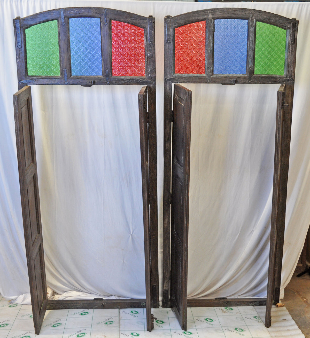 Original Antique Wall Décor Wooden Window Panel Frames Pair Stained Glass Rustic Painted 2.5x6 FT