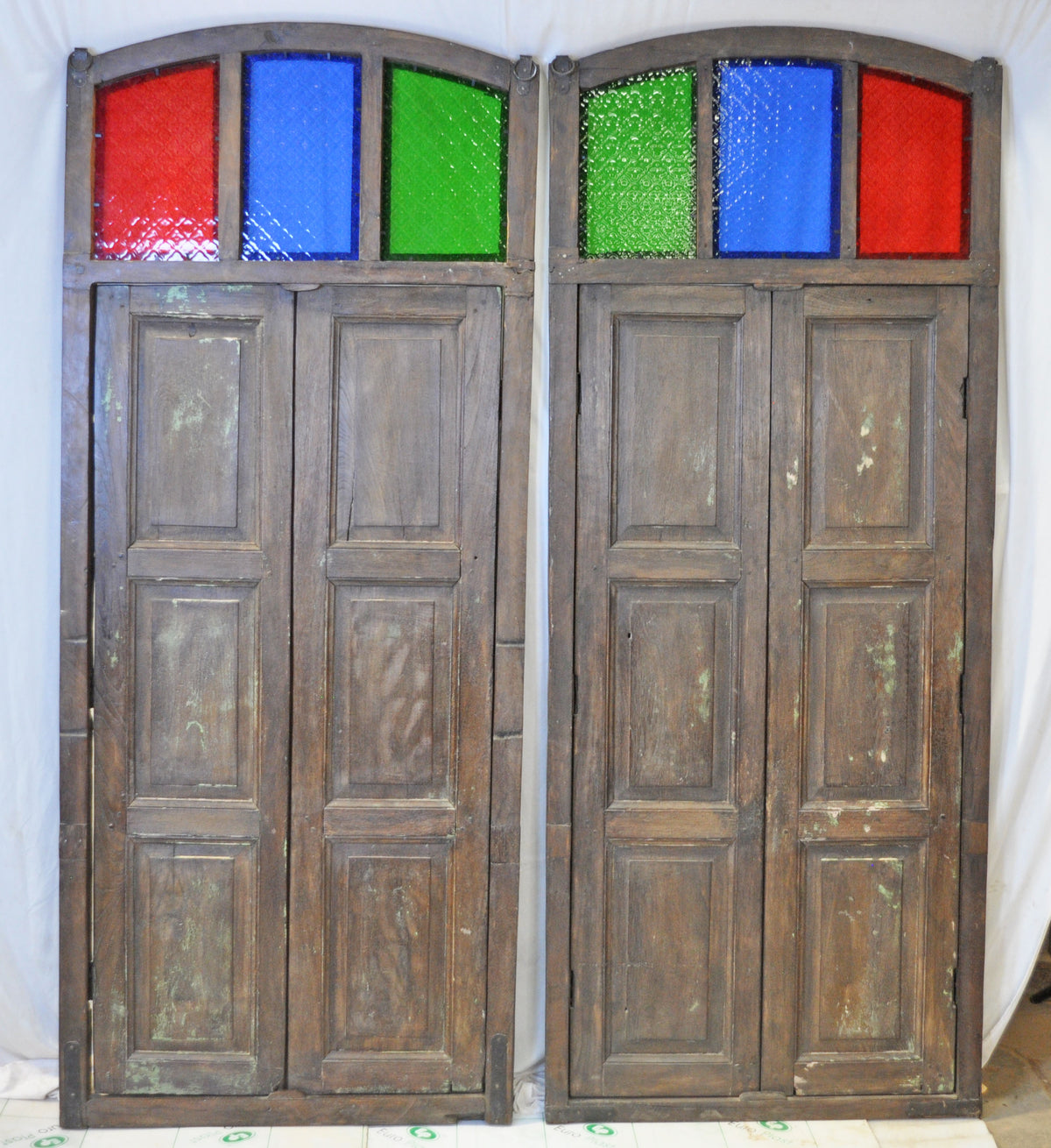 Original Antique Wall Décor Wooden Window Panel Frames Pair Stained Glass Rustic Painted 2.5x6 FT