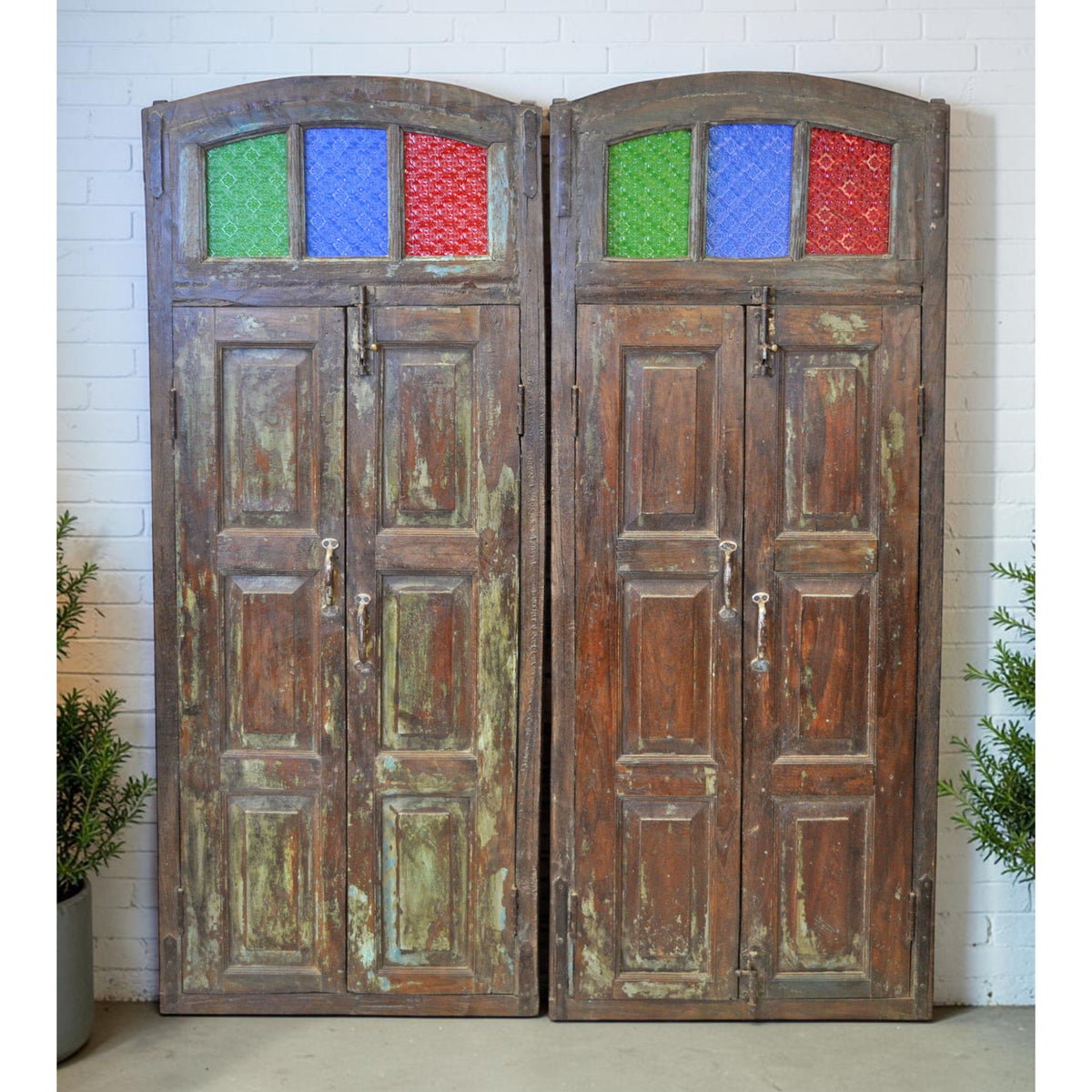 Original Antique Wall Décor Wooden Window Panel Frames Pair Stained Glass Rustic Painted 2x5 FT