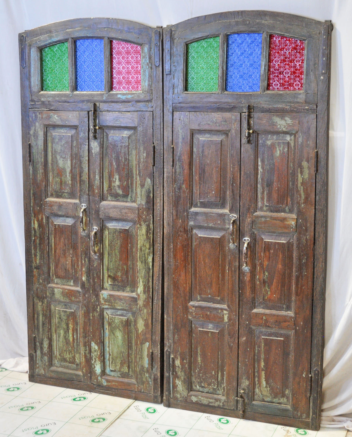Original Antique Wall Décor Wooden Window Panel Frames Pair Stained Glass Rustic Painted 2x5 FT