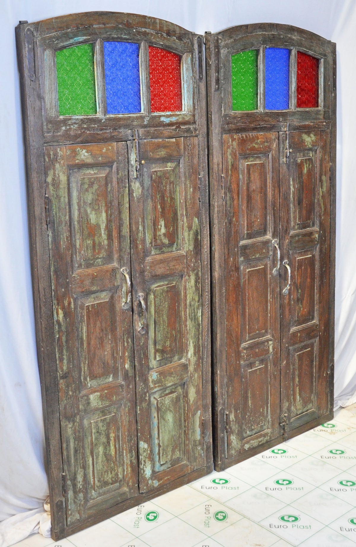 Original Antique Wall Décor Wooden Window Panel Frames Pair Stained Glass Rustic Painted 2x5 FT