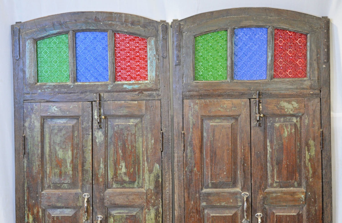 Original Antique Wall Décor Wooden Window Panel Frames Pair Stained Glass Rustic Painted 2x5 FT