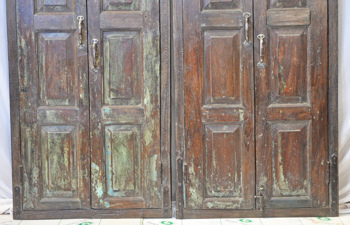 Original Antique Wall Décor Wooden Window Panel Frames Pair Stained Glass Rustic Painted 2x5 FT