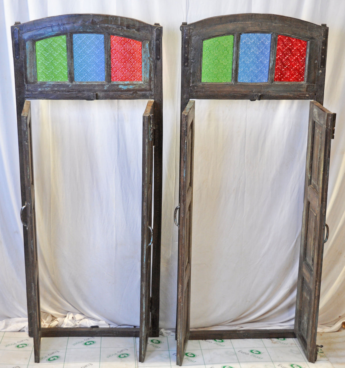 Original Antique Wall Décor Wooden Window Panel Frames Pair Stained Glass Rustic Painted 2x5 FT