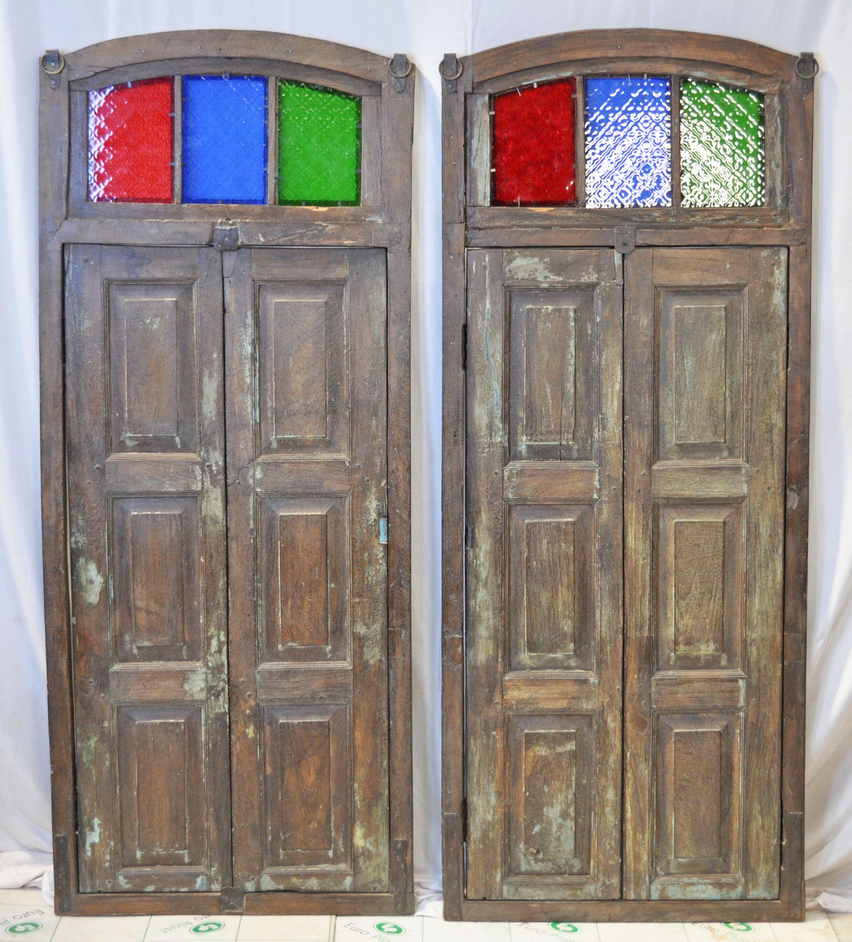 Original Antique Wall Décor Wooden Window Panel Frames Pair Stained Glass Rustic Painted 2x5 FT