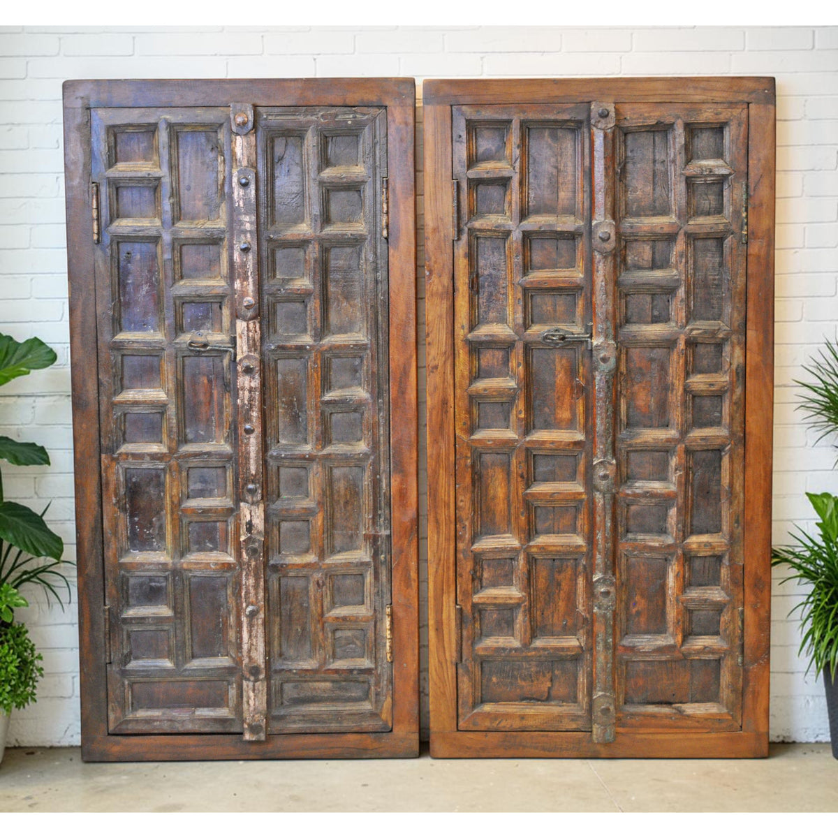 Antique Wooden Window Panel Frames Pair Wall Décor Fine Geometrical Design 2x4 FT
