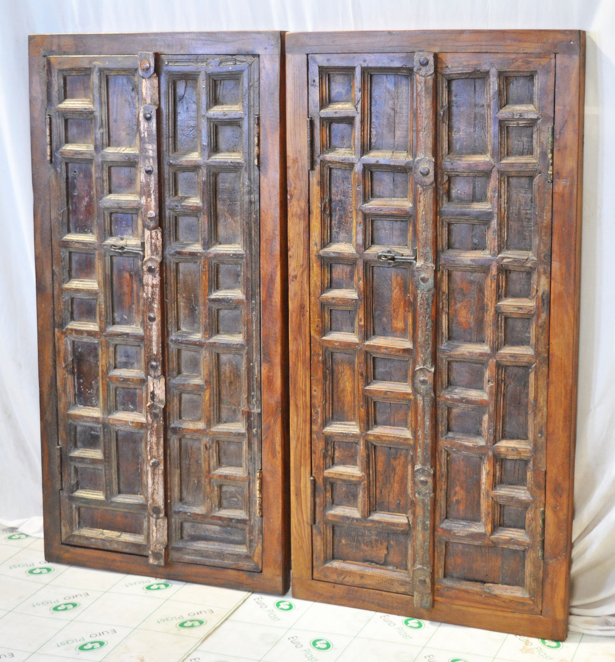 Antique Wooden Window Panel Frames Pair Wall Décor Fine Geometrical Design 2x4 FT