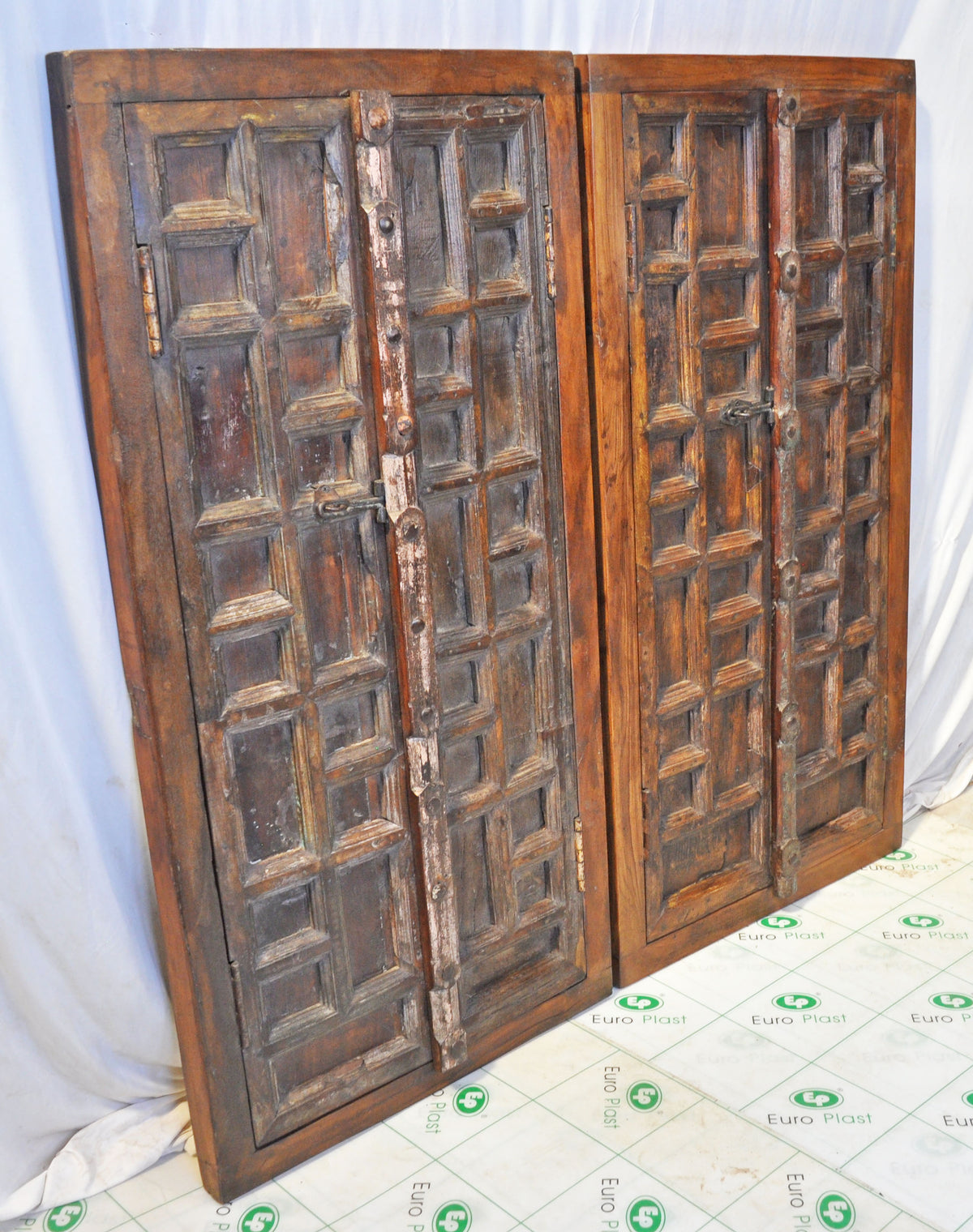 Antique Wooden Window Panel Frames Pair Wall Décor Fine Geometrical Design 2x4 FT