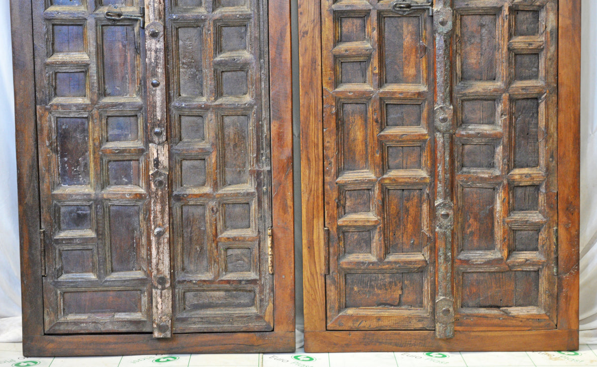 Antique Wooden Window Panel Frames Pair Wall Décor Fine Geometrical Design 2x4 FT