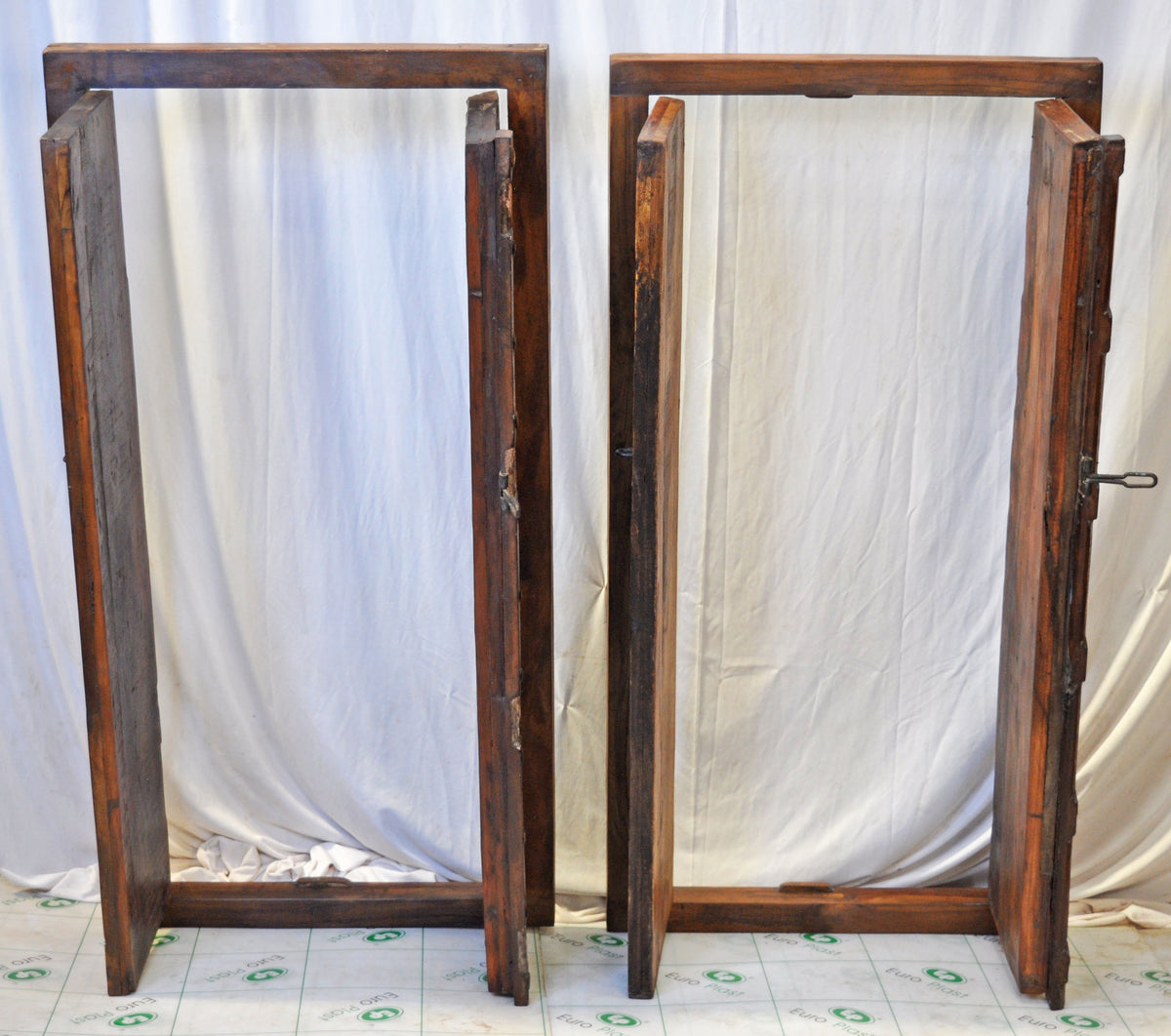 Antique Wooden Window Panel Frames Pair Wall Décor Fine Geometrical Design 2x4 FT