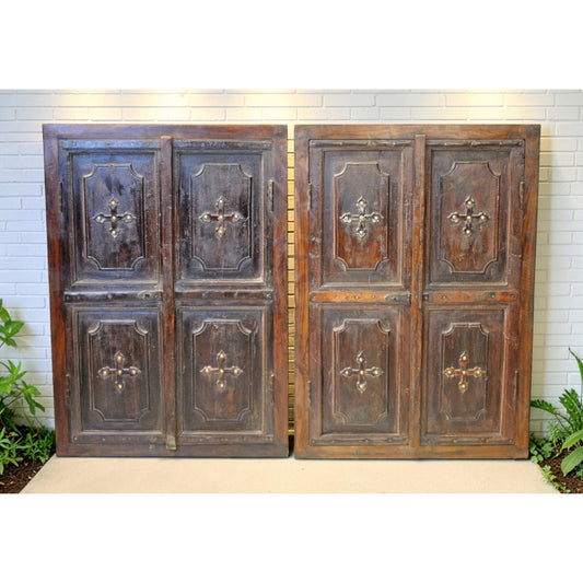 Antique Wooden Window Panel Frame Pair Wall Décor Fine Metal Fitted 2.5x3.5 ft