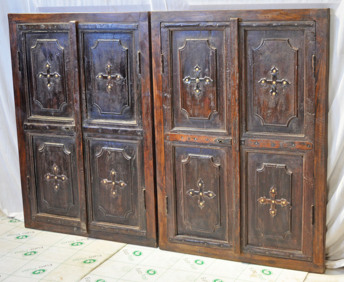 Antique Wooden Window Panel Frame Pair Wall Décor Fine Metal Fitted 2.5x3.5 ft