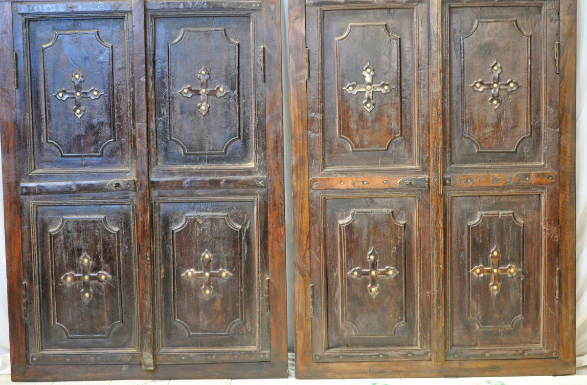Antique Wooden Window Panel Frame Pair Wall Décor Fine Metal Fitted 2.5x3.5 ft