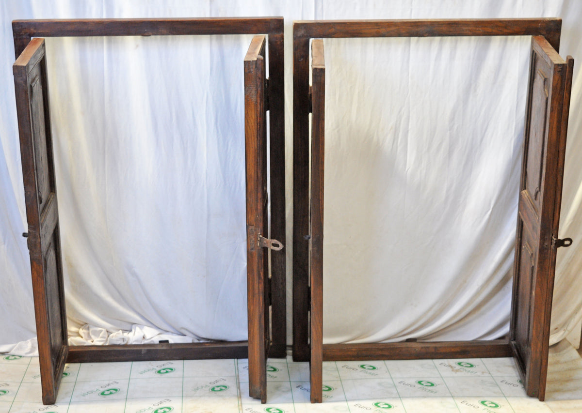 Antique Wooden Window Panel Frame Pair Wall Décor Fine Metal Fitted 2.5x3.5 ft