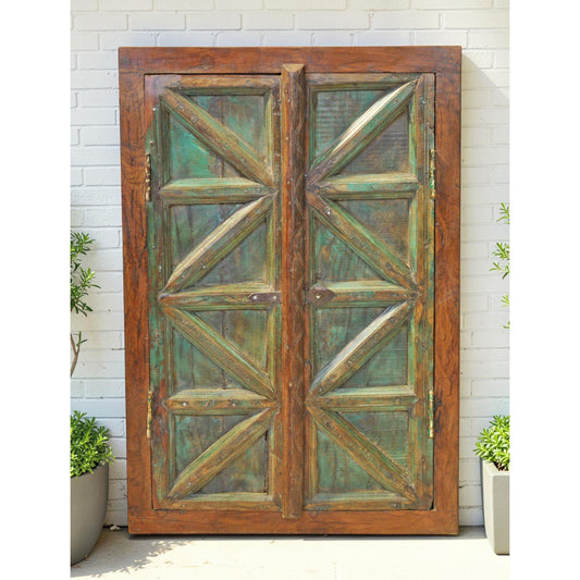Antique Wooden Wall Décor Window Panel Frame Original Old Fine Geometrical Designs Rustic Painted